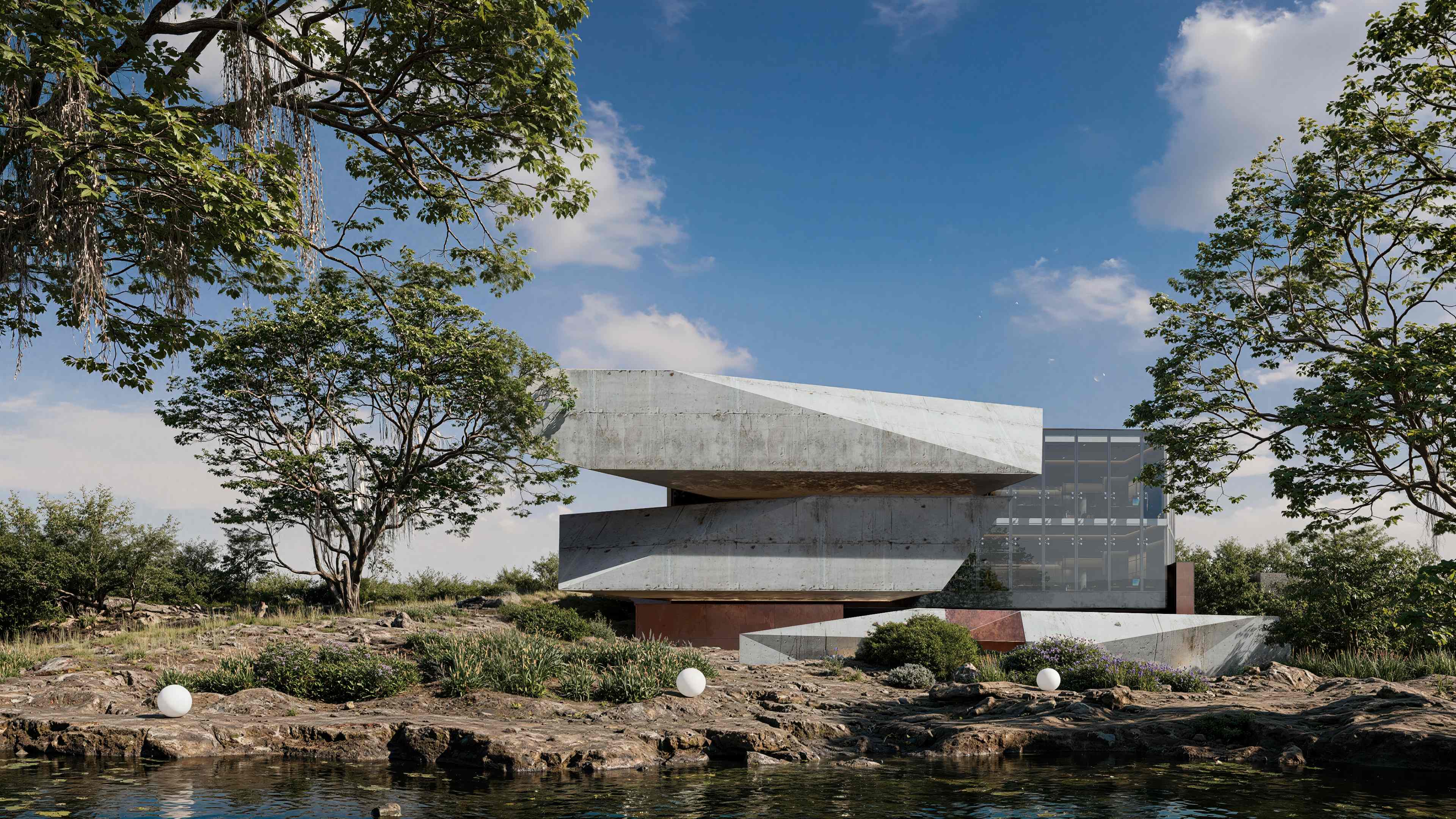 Arquitectura moderna con estructura flotante